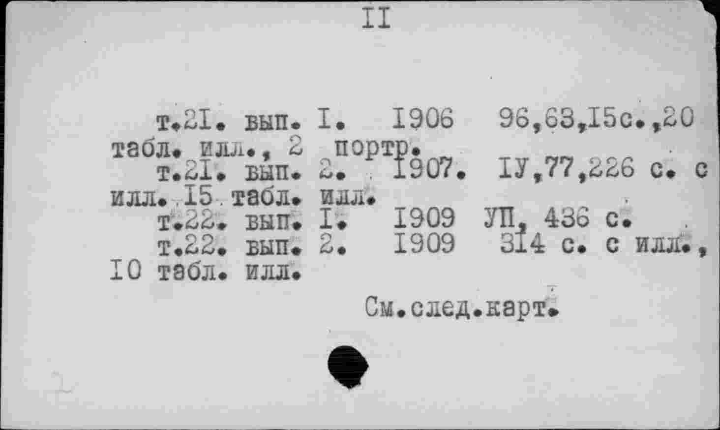 ﻿II
т*21. вып. I. 1906	96,63,15с. ,20
табл* илл*, 2 портр. пп c
т*21* вып. 2*	1907* ІУ,77,^6 с* с
илл*.15 табл* илл*
т.22* вып* I. 1909 УП, 436 с.
т.22, вып* 2.	1909	314 с. с илл.,
10 табл. илл.
См.след.карт*